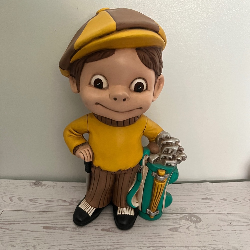 VTG Ceramic Smiley Boy Golf Statue 1970s Painted Mold Boho Kitsch Dadcore Golfer